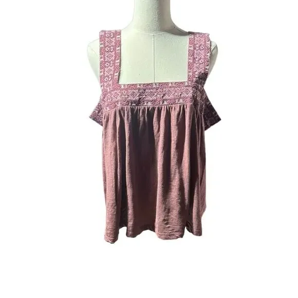 Lucky Brand Embroidered Lace Cotton Blend Tank Square Neck Boho Festival NEW XL - Picture 2 of 8